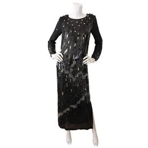 Vintage Tadashi Dress Sequin Beaded Silk Skyline Star Applique Gown Size 8 RARE